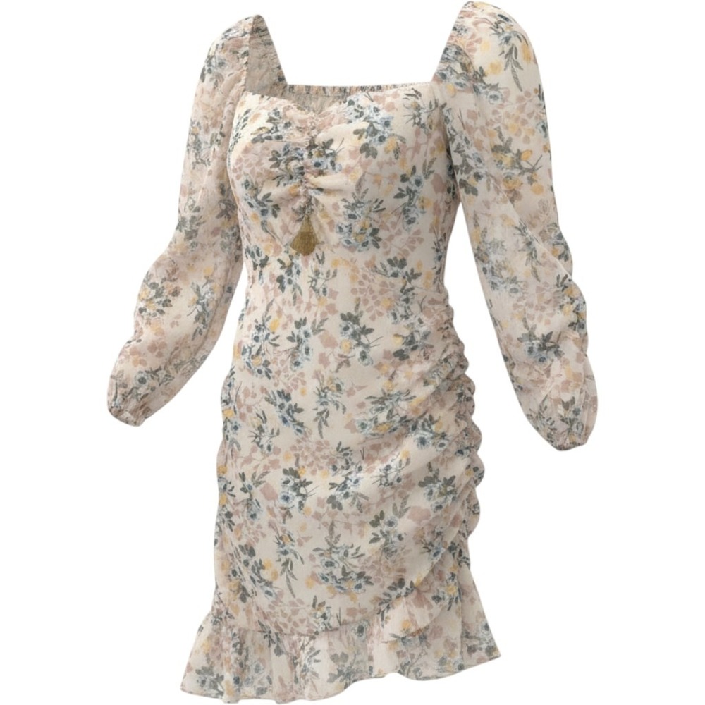 Sweet Lemon Mini Dress Womens Large Cream Floral Ruffle Ruched Long Sleeve Gold